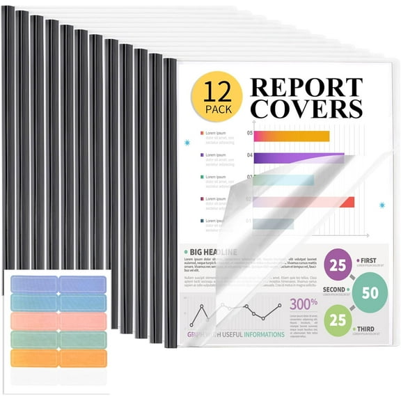 12 Pack Report Covers, 70 Sheet Capacity Presentation Folders, Clear Report Covers with Sliding Bar, Report Folder for A4 and Letter Size Paper