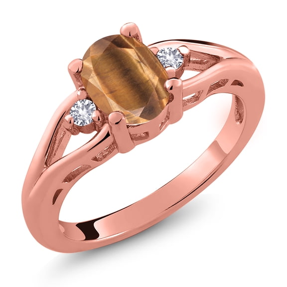 Gem Stone King 18K Rose Gold Plated Silver Brown Tiger Eye and White Created Sapphire 3 Stone Engagement Ring for Women | 1.33 Cttw | Oval 8X6MM | Round 2MM | Gemstone Birthstone | Size 8