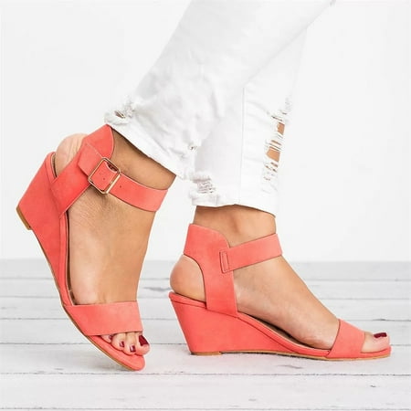 

〖Yilirongyumm〗 Watermelon Red 35 Sandals Women Shoes Ladies Strap Roman Wedges Fashion Heel Sandals Solid Buckle Women s Women s Sandals