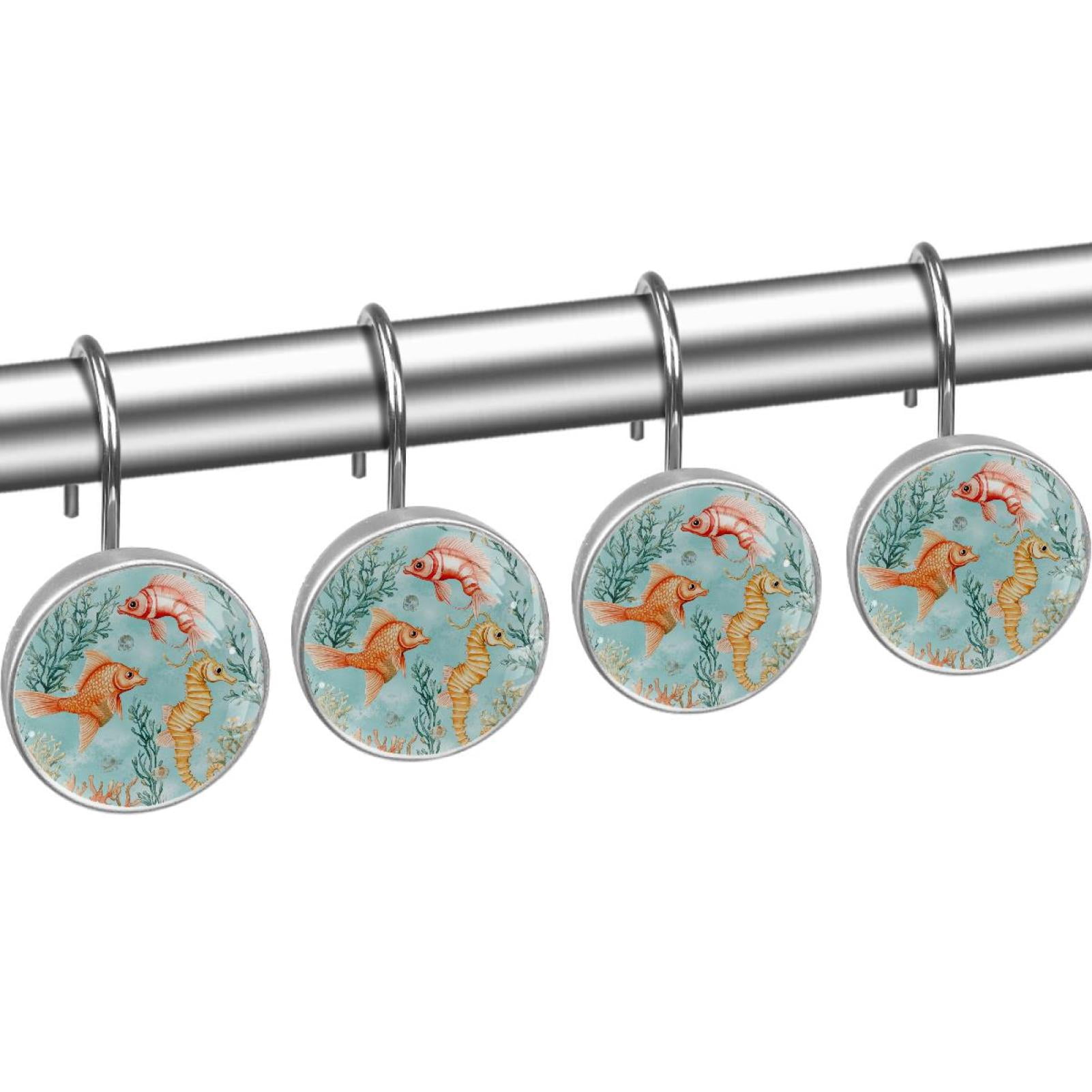 Corals Seahorse Fishes Shower Curtain Hooks Round Crystal Glass, Set of 12 Shower Curtain Rings - Shower Hooks for Curtain Shower Rings