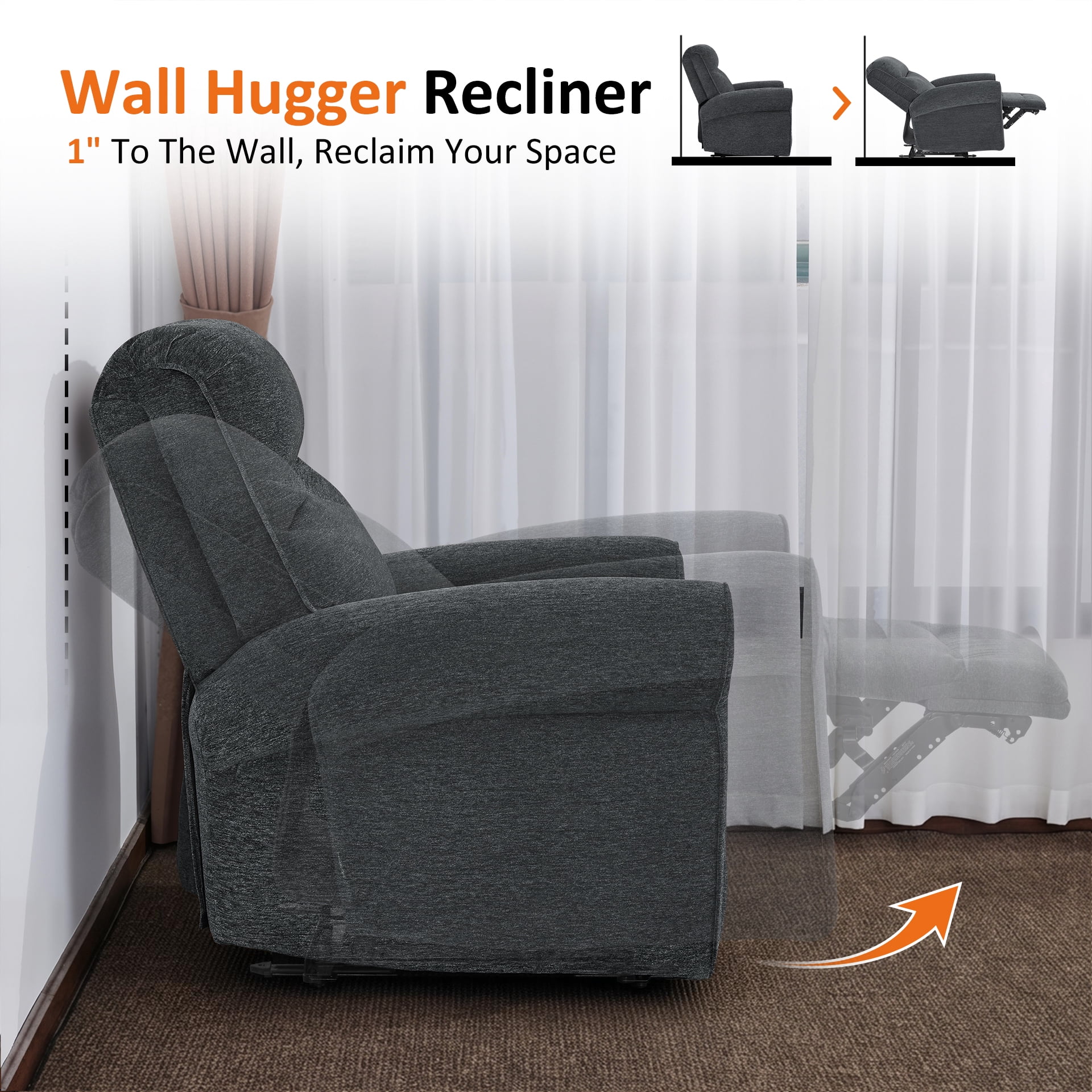MCombo Small Wall Hugger Power Recliner Chair for Small Space RV Living Room, , Modern Roll Arm Recliner, Fabric, Dark Grey