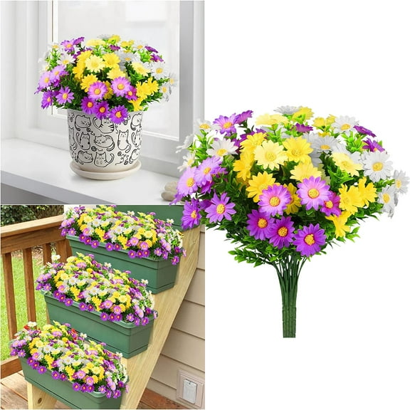 Fake Flowers Clearance! 1 Bundles Artificial Daisies Flowers Silk Cemetery Flower Faux Plastic Memorial Bouquet for Hanging Window Box Home Table Centerpieces Decor 1 Bunch of Artificial Flowers