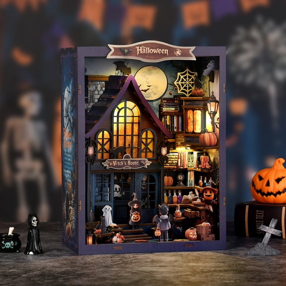 DIY Book Nook Kit, Hallowen Witch House 3D Wooden Puzzle for Bookshelf Insert Decoration, Miniature House Craft for Adults, Gift Idea for Hallowen