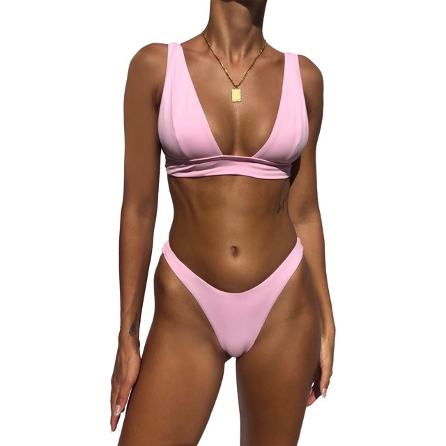 Traje de baño para mujer, cuello en V, color puro, cintura alta, espalda en T, correas regulables, 9 formas, botón trasero, trajes de baño divididos para playa, rosa, M