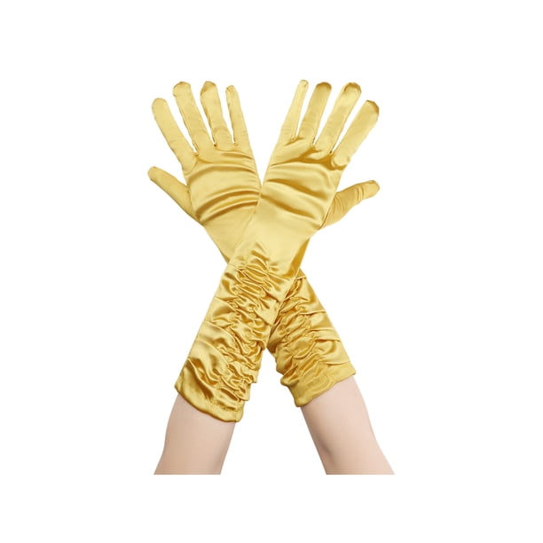 GUANTES LARGOS DE SATÉN BRILLANTE PARA MUJERES, ESTILO OPERA, PLISADOS, DE DEDOS COMPLETOS, TAMAÑO ÚNICO, DORADO