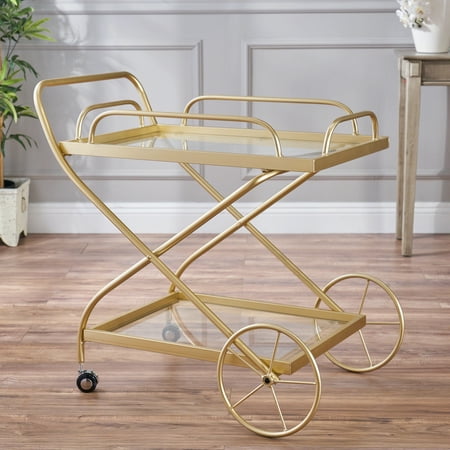 - Noble House Penny Indoor Traditional Iron and Glass Bar Cart, Gold