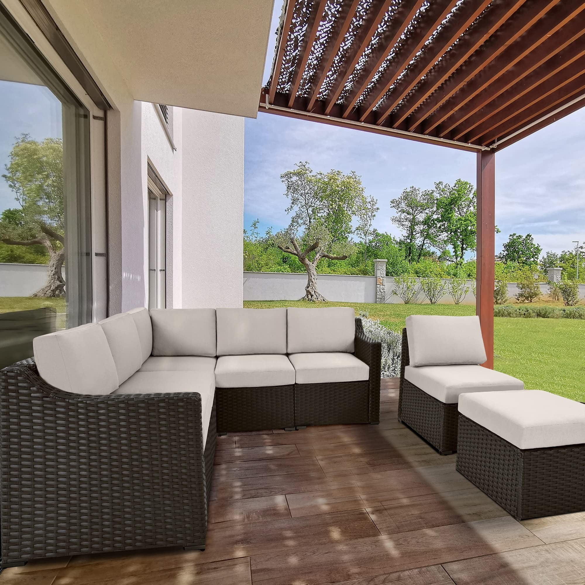 7 Piece Patio Conversation Set, Outdoor Rattan Wicker Sectional Sofa, All-Weather Modular Patio Furniture Set with Cushions for Backyard, Balcony, Porch (Brown/Gray)
