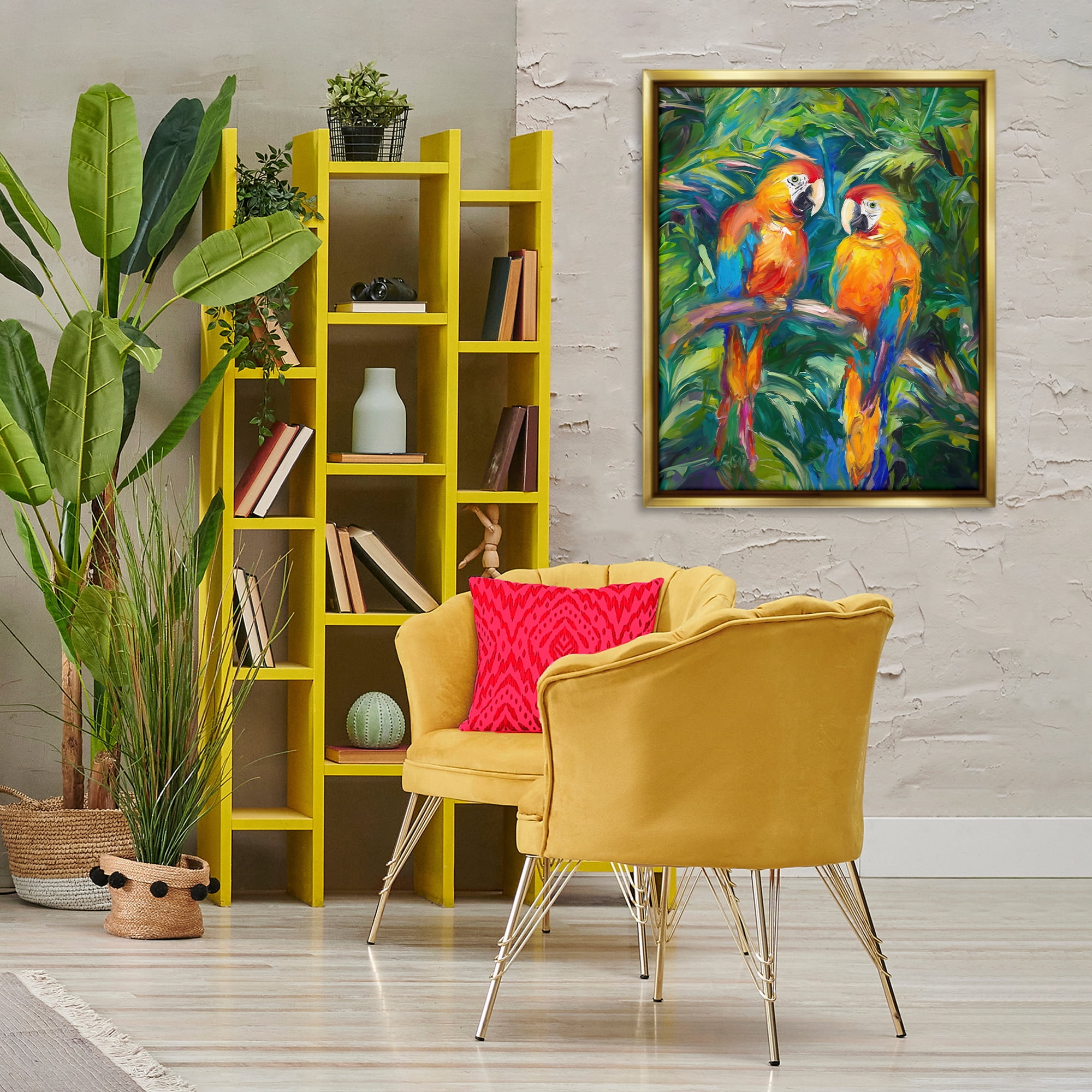 Stupell Industries Rainforest Parrot Branch Animals & Insects Painting Gold Floater Framed Canvas Art Print Wall Art, 25 x 31