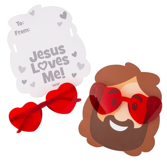 Fun Express Rimless Heart Glasses Valentine Exchanges with Jesus Loves Me Card for 12