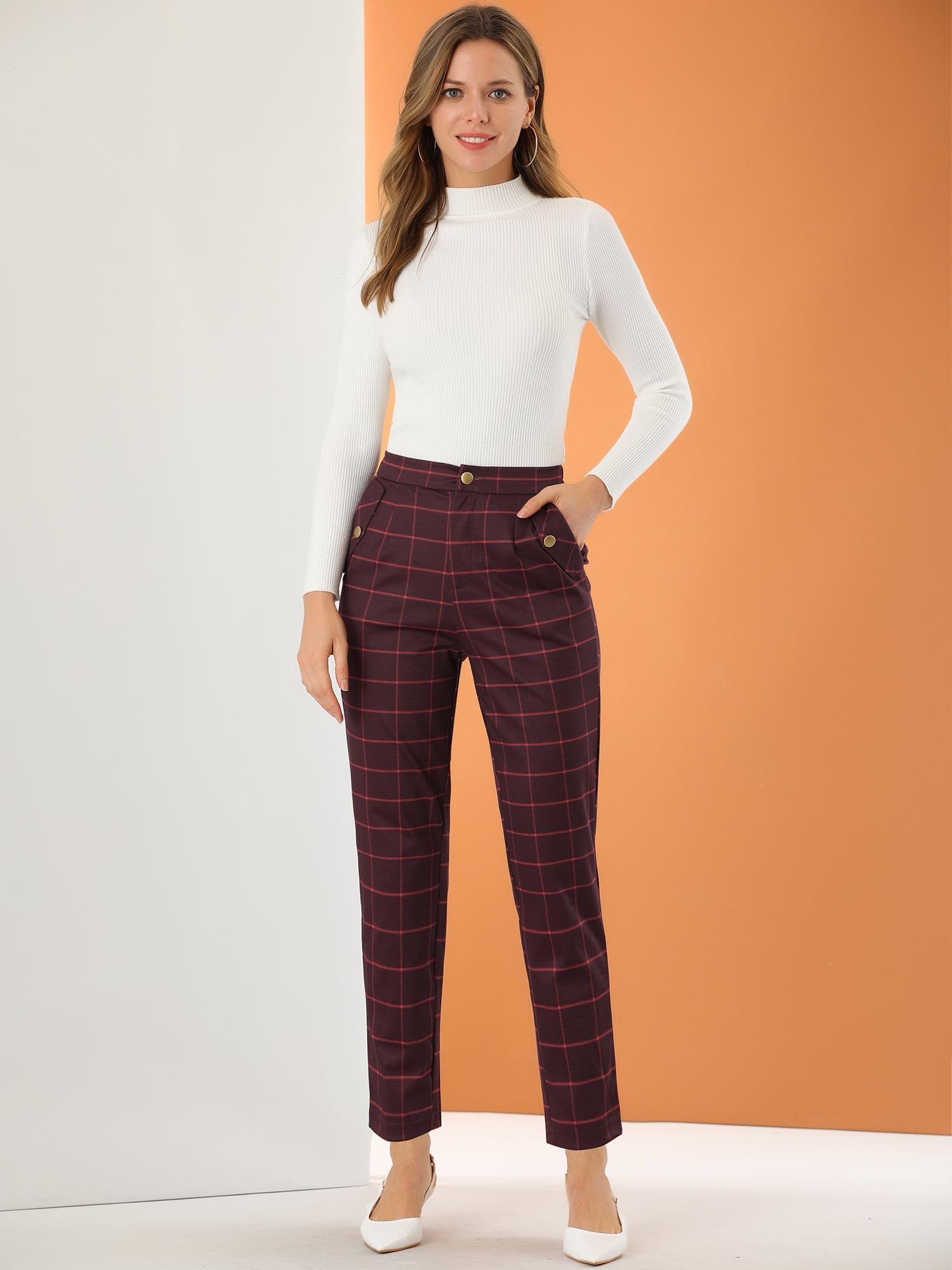 DARING DIVA Women's Tartan Plaid Pants Elastic Waist Straight Trousers 2XL Burgundy