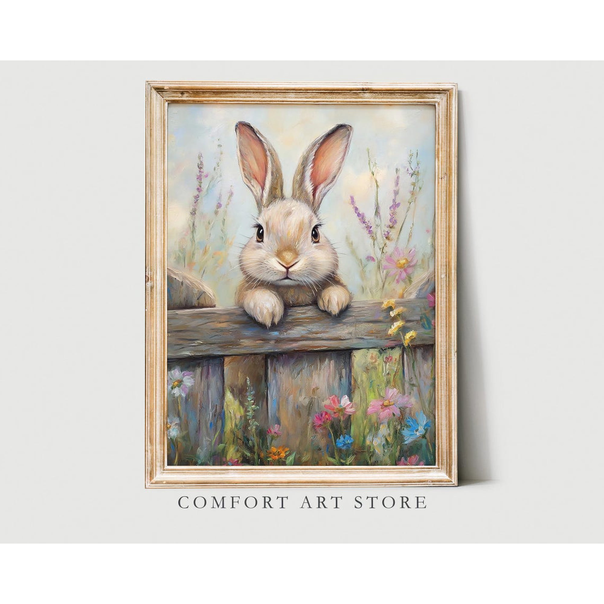 Bunny On Fence Wall Art Print Spring Flowers And Vintage Nursery Decor