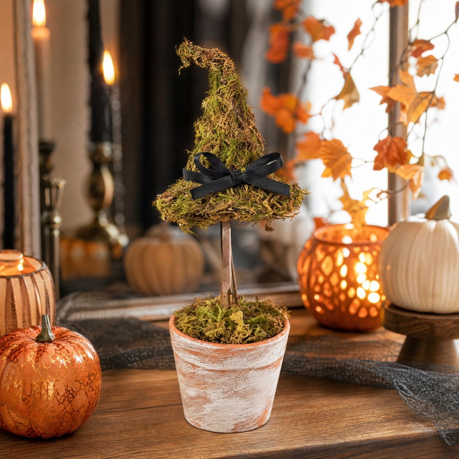 Byndra Halloween Witch Hat Topiary, Halloween Decorations Indoor Outdoor Rustic Farmhouse Decor, 8.7 Inch Plastic Moss Pot Tabletop Ornament for Tiered Tray, Mantel, Shelf