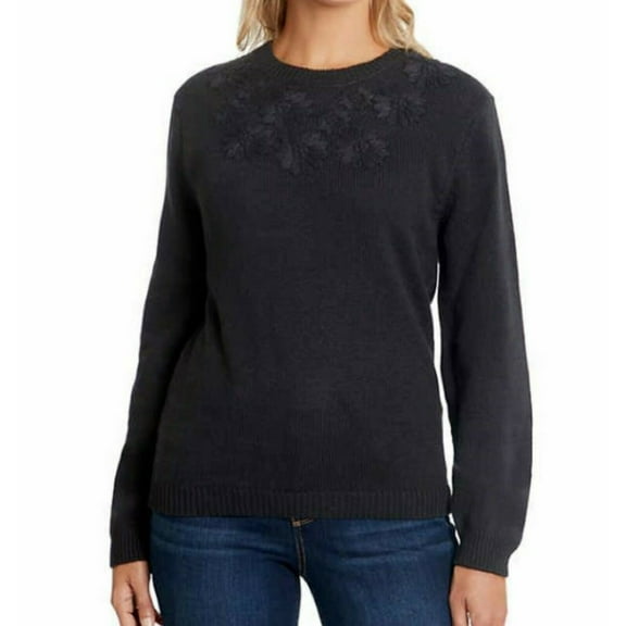 Ella Moss Womens Black Embroidered Sweater Crewneck Long Sleeve Black Small