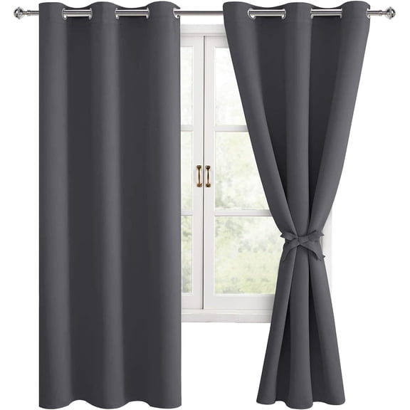 Hiasan Blackout Curtains for Bedroom Sewn with Tiebacks, Thermal Insulated Grommet Room Darkening Window Curtains for Living Room, 42 x 63 Inches, Dark Grey, Set of 2 Drapes