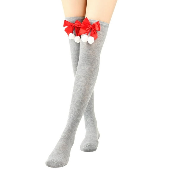 WREESH Women Fashion Christmas Stockings Thigh High Socks Over Knee Stockings Extended Knee Length Solid Christmas Bow Plush Ball Warm Socks Gray