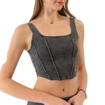 SWSMCLT Women's Square Neck Sleeveless Corset Denim Lightweight Fitted Summer Top Asymmetrical Hem Crop Tank Top Jean Cropped Vest Soft Yoga Dark Grey X-Small