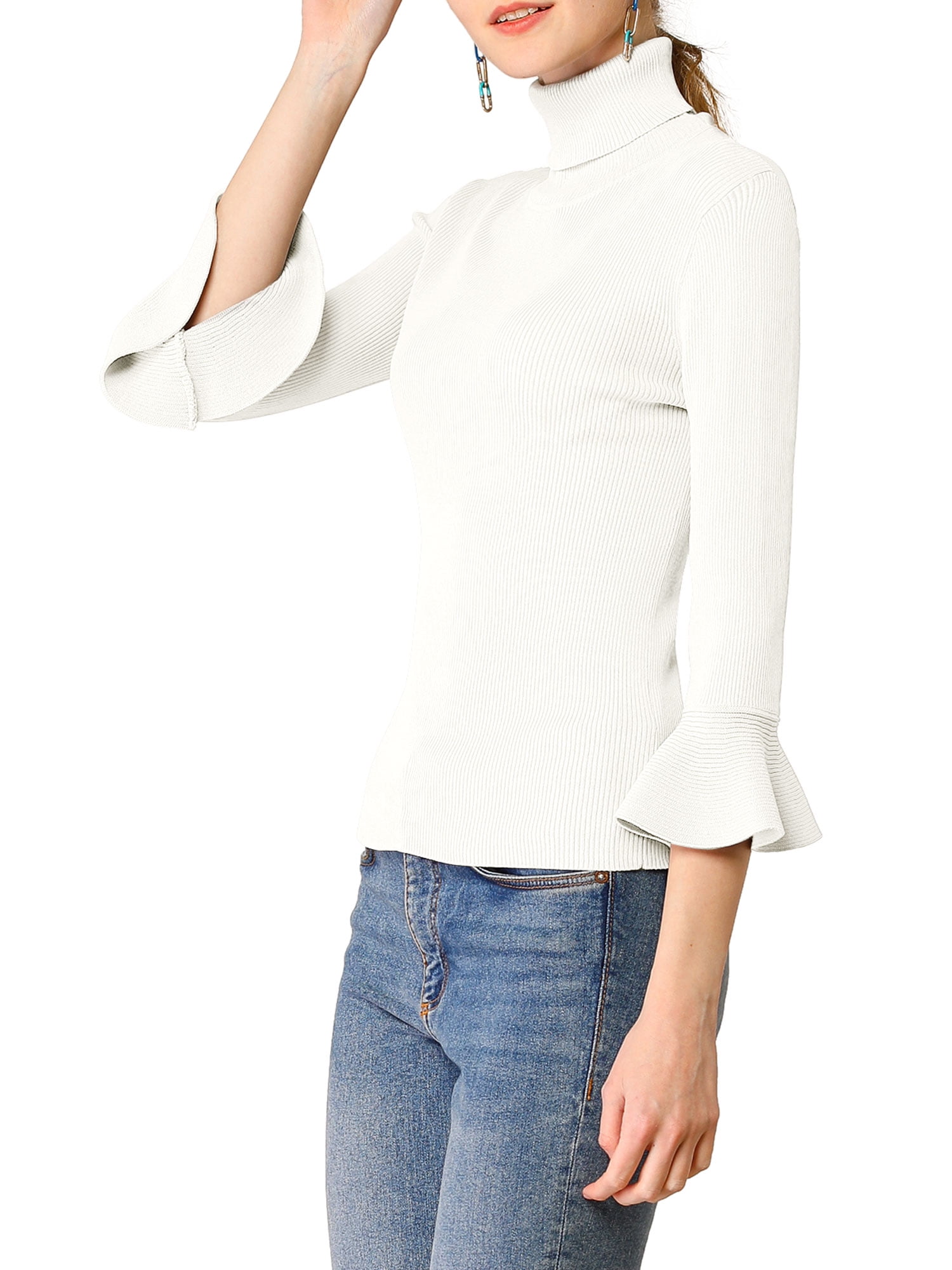 DARING DIVA Women's Ruffle Sleeves Pullover Knit Turtleneck Sweater L White