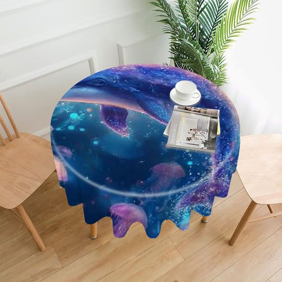 RKSupls 60 Inch Round Tablecloth, Dolphin Jellyfish Underwater Premium Polyester Straight Edge Wrinkle Resistant Washable Table Cover for Party Home Dining Decor