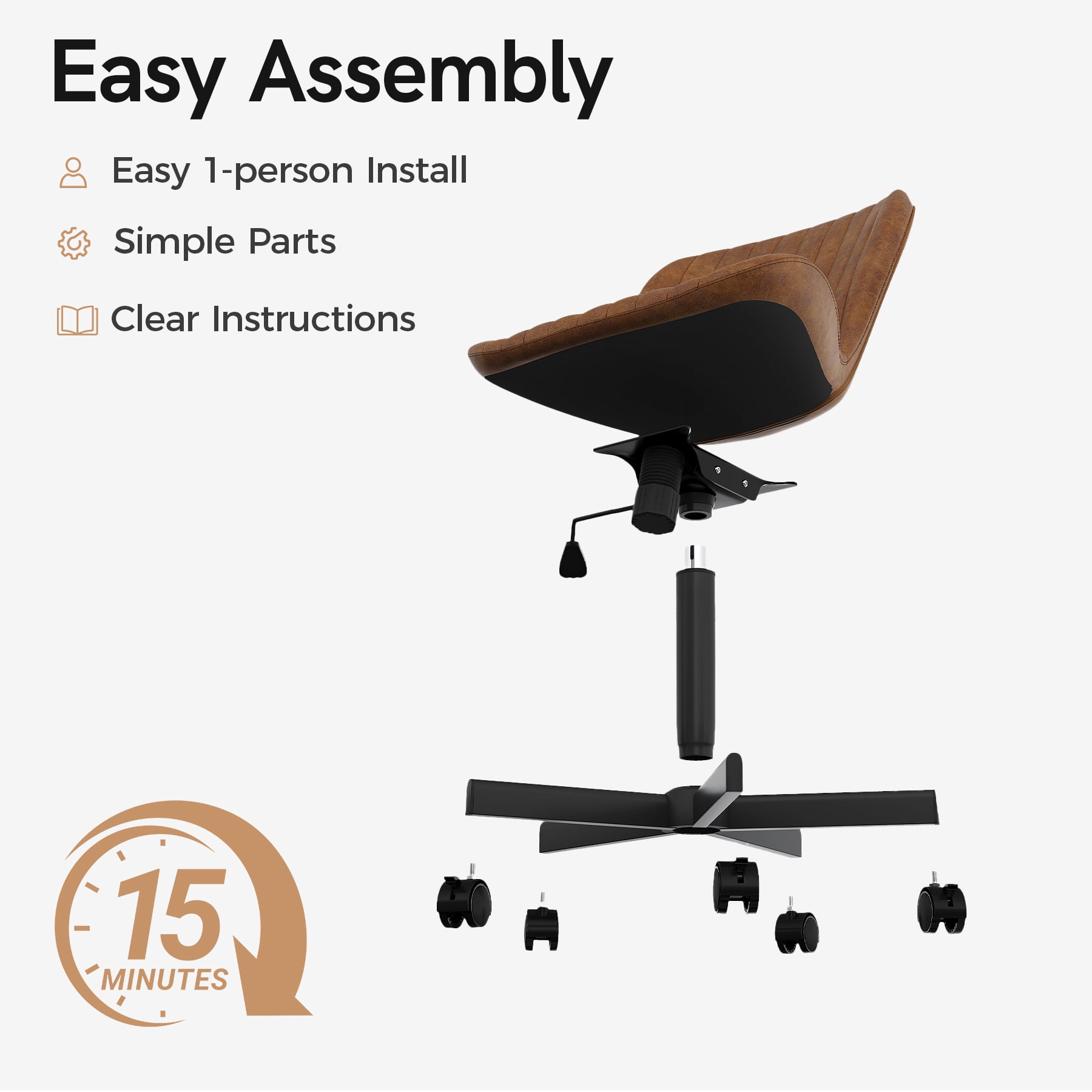 MOONMISS Mid Back PU Leather Desk Chair with Wheels,Armless Adjustable Swivel Vanity Chair for Bedroom Home Office Living Room,Brown