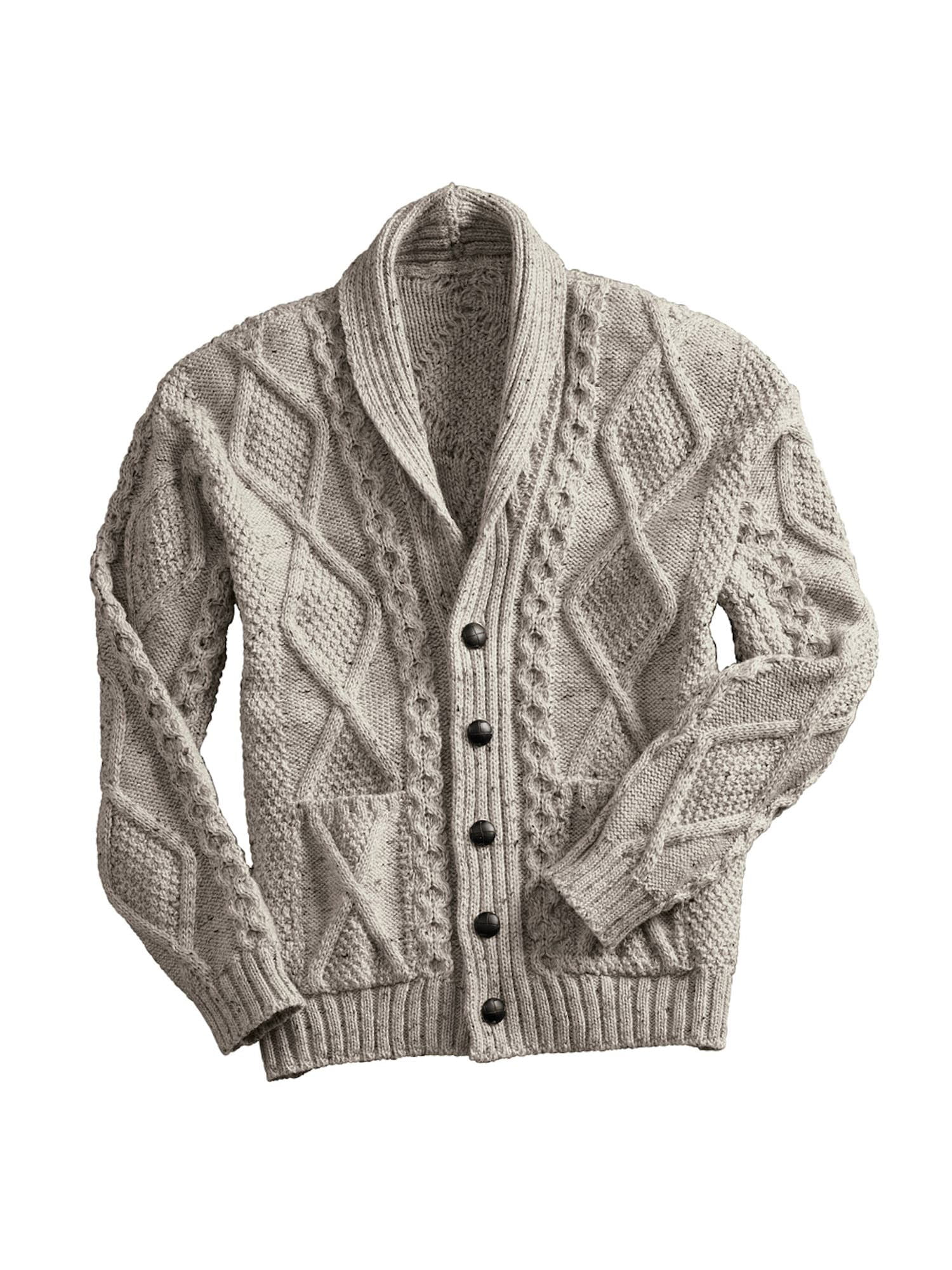 Oatmeal Large West End Knitwear Mens Aran Shawl Collar Cable Knit Cardigan Sweater 