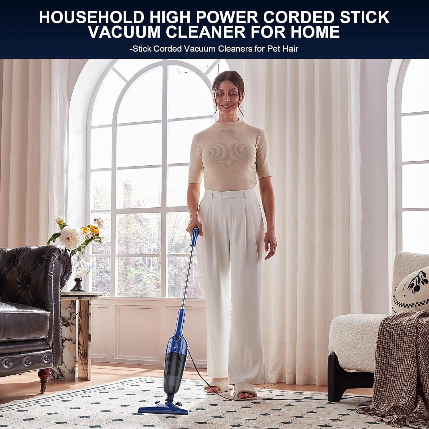 Vacuum Cleaners for Home - Corded Stick Vacuum Cleaner, Rechargeable High Power Vac for Pet Hair Carpet Hardwood Floor, Household Wireless Hand Lightweight Handheld Portable Car Vac, MC Blue