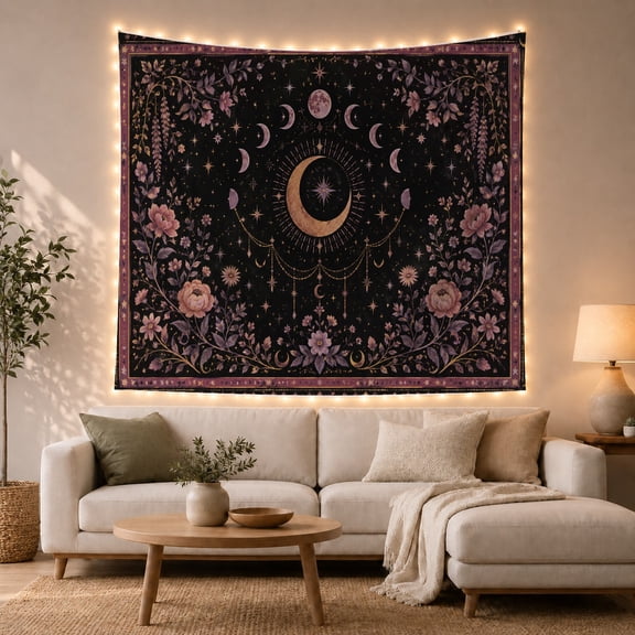 Golden Crescent Moon & Floral Night Sky Against Deep Black Background, Mystical Celestial for Space Lovers, Botanical Wall Art, Birthday Gift, Tapestry Wall Hanging for Bedroom and Dorm