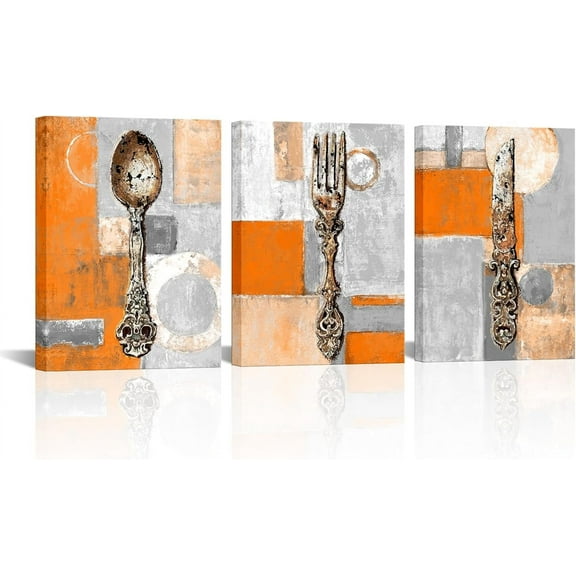 Hieng Blue and Grey Kitchen Decor Vintage Fork Knife Spoon Painting Canvas Kitchenware Picture Prints Rustic Dining Room Restaurant Geometric Decoration Unframed