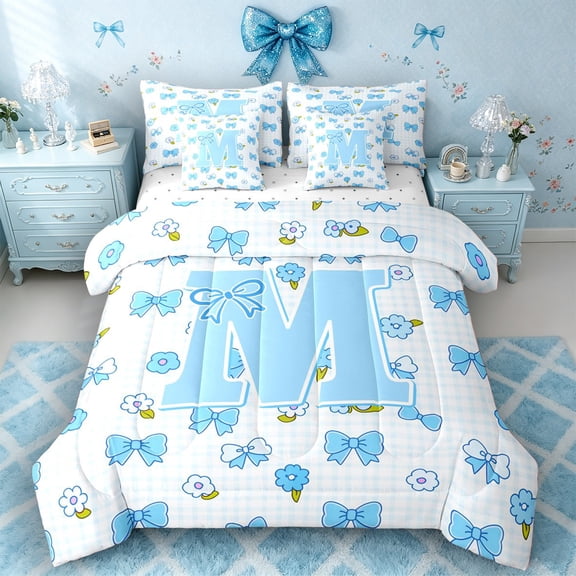 Castle Fairy Blue Bow Letter M Twin Bedding Sets 7-Piece for Girls,Cute Flowers Bedding Comforter Set