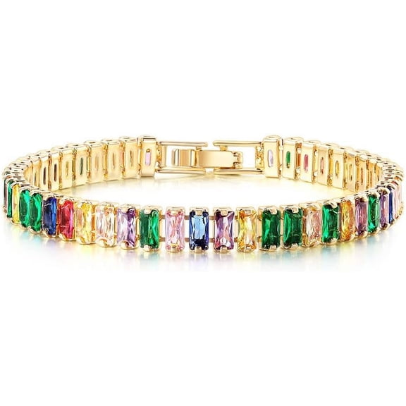 NYS Jewellers 2.00 Ct Baguette Cut Multi Sapphire Womens Tennis Bracelet 14K Yellow Gold Plated 925 Sterling Silver