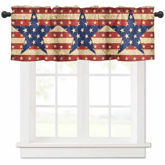 Hokiten Rod Pocket Curtain Valance, Independence Day Farmhouse Window Valance for Living Room, Bedroom, Kitchen Vintage Red Blue Star Striped 42"W x 12"L