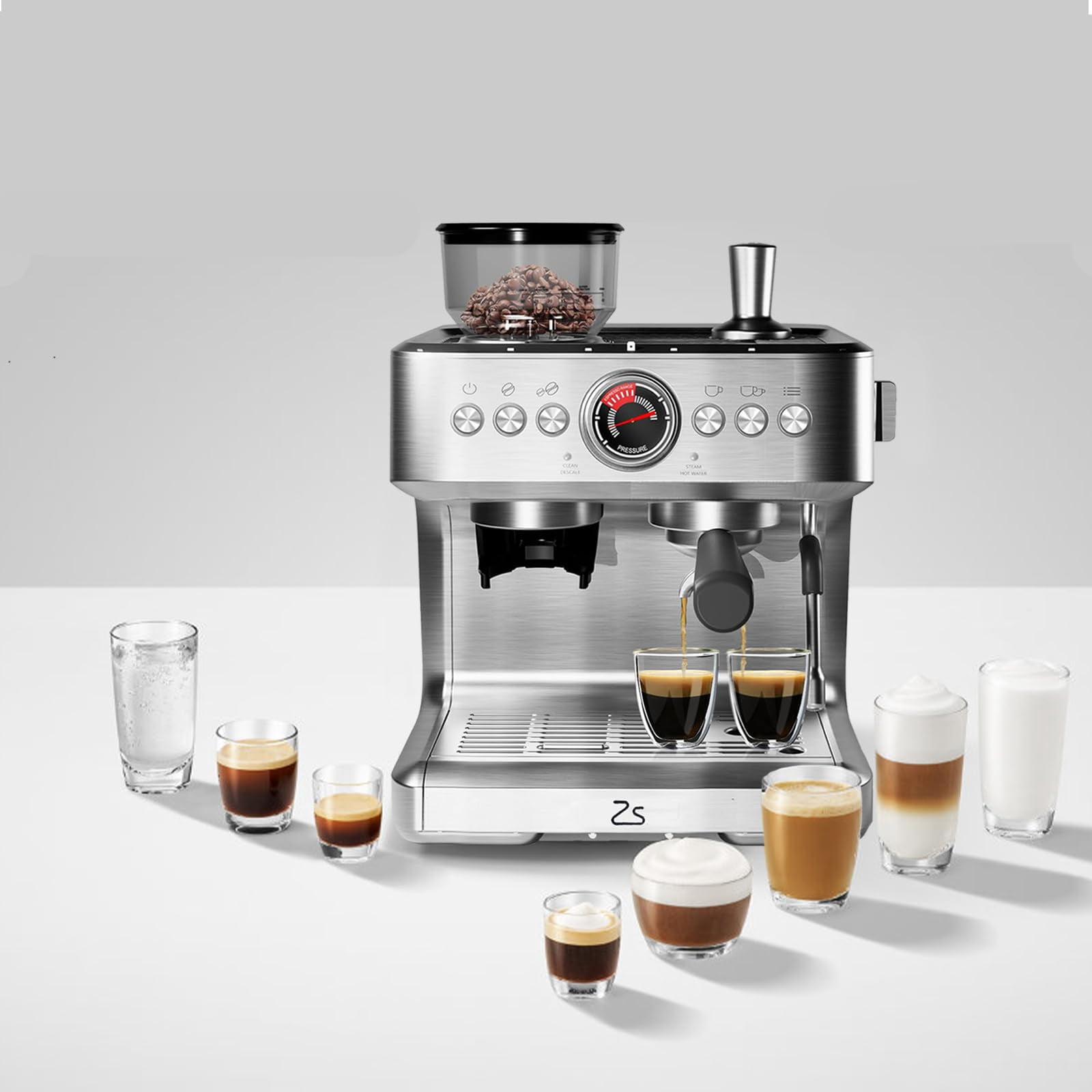 Espresso Machine with Bean Grinder, Semi Automatic Espresso Machine, 20-Bar Espresso Maker with Milk Frother Steam Wand 2.8L Water Tank, Home Espresso Coffee Maker for Latte, Cappuccino