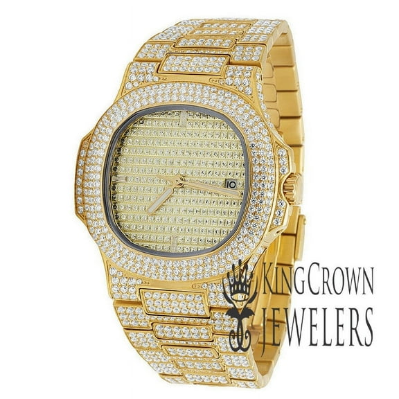 Mens Iced Sold Yellow Gold Stainless Steel 40MM PP Simulated Diamond Watch