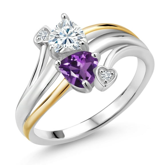 Gem Stone King 0.86 Cttw Purple Amethyst Lab Grown Diamond and White Moissanite 2 Heart Promise Engagement Mother Ring | 925 Sterling Silver and 10K Yellow Gold | Available in Size 5 - 9 | Size 9