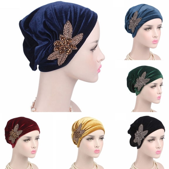 Yesbay Beads Flower Women Cancer Chemo Velvet Hat Muslim Beanie Turban Head Wrap Cap