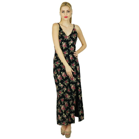 Bimba Women Long Maxi Floral Printed Side Slit Dress Spaghettei Summer Wear