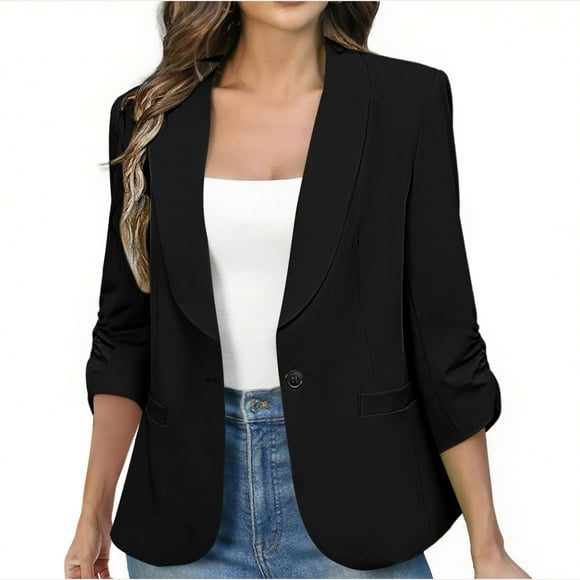 aohooy Padded Shoulder Blazers for Women Suit Jackets Dressy 3/4 Sleeve Open Front Cardigan Slim Fit Coat Business Office Work Blazer Black,L
