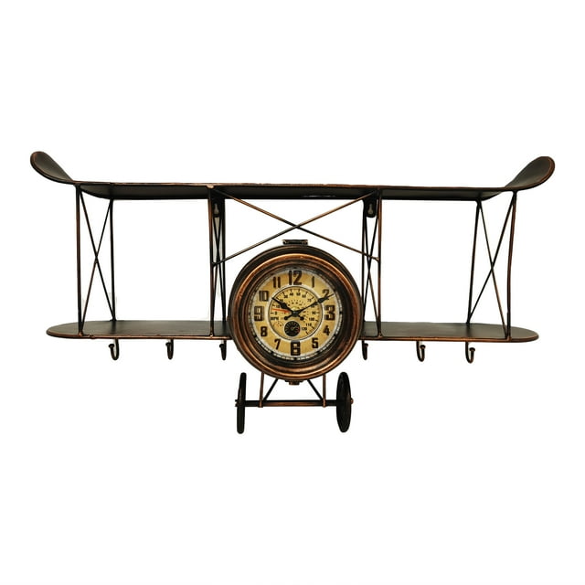 Brown Distressed Vintage Biplane Shelf With Hooks Metal Wall Clock