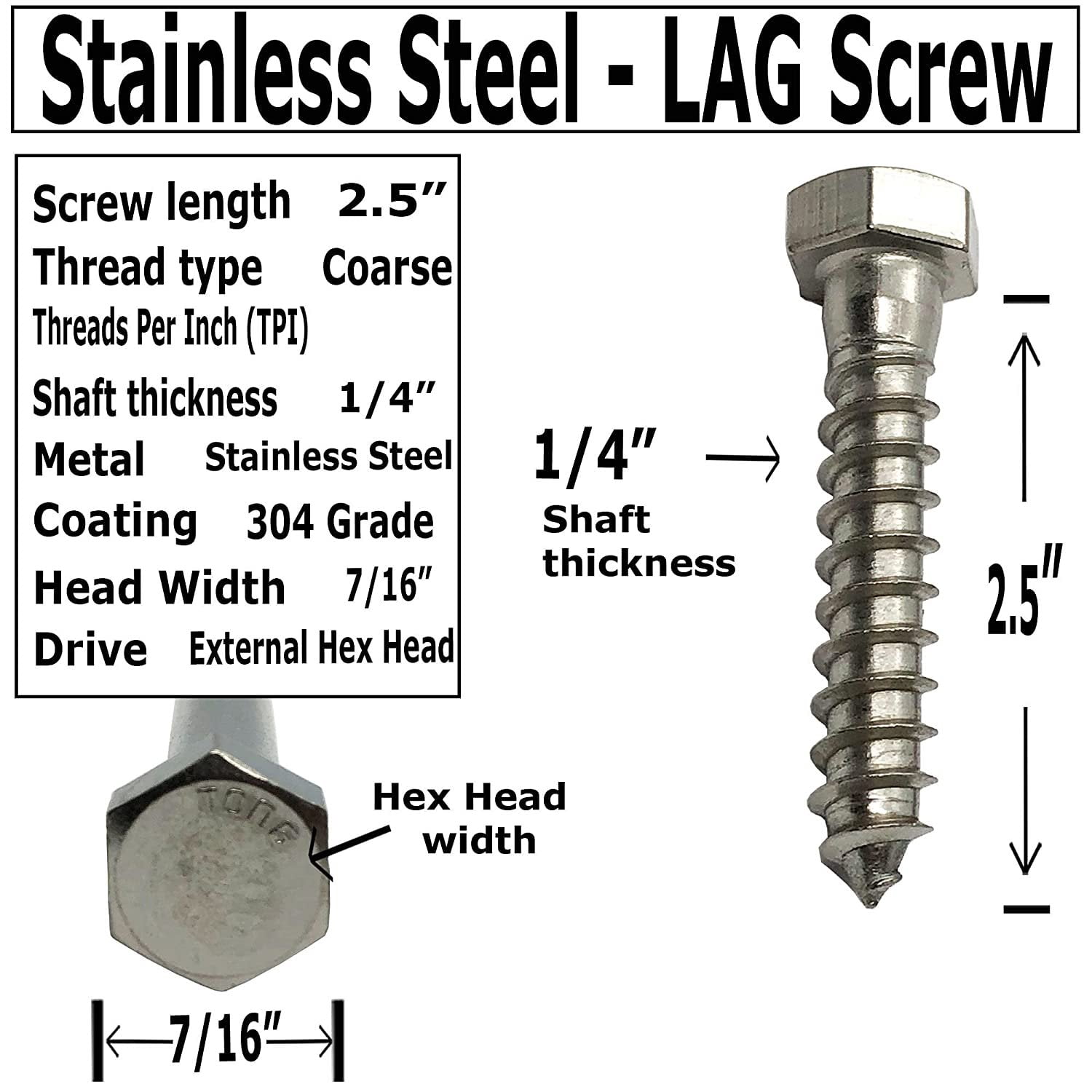 1/4" x 2.5" 304 Grade Stainless Steel lag Screws, Hex Head Fasteners, Stainless Steel Screw. Use as Construction, Wood, Metal, lag Screw or mounting Screws Fasteners Lag Bolts 50