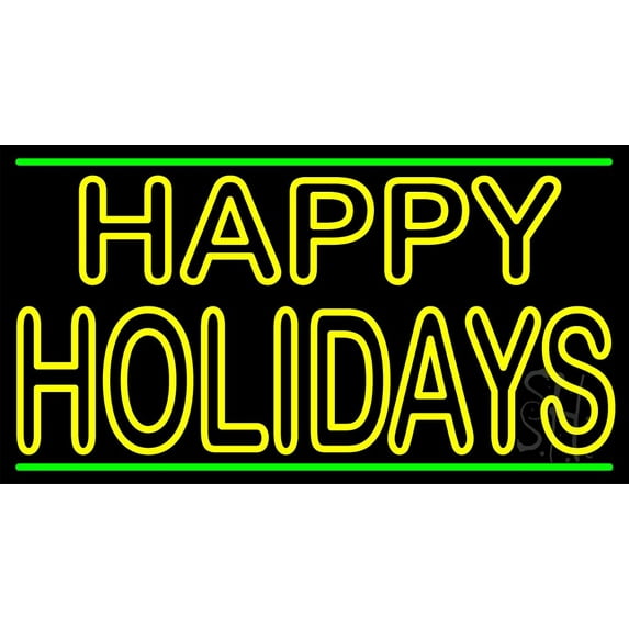 Yellow Double Stroke Happy Holidays LED Neon Sign 20 x 37 - inches, Clear Edge Cut Acrylic Backing, with Dimmer - Bright and Premium built indoor LED Neon Sign for special occasion decor.