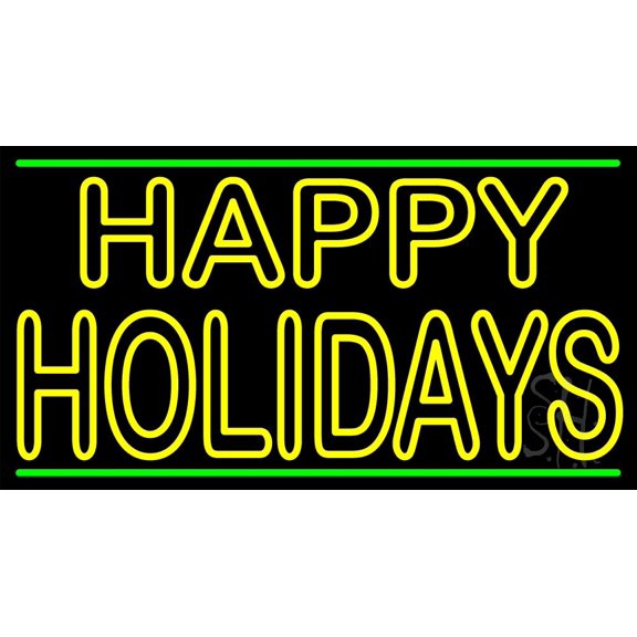 Yellow Double Stroke Happy Holidays LED Neon Sign 20 x 37 - inches, Clear Edge Cut Acrylic Backing, with Dimmer - Bright and Premium built indoor LED Neon Sign for special occasion decor.
