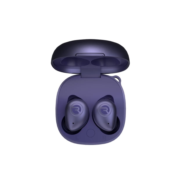 raycon fitness bluetooth true wireless earbuds with built in mic 56 hours of battery ipx7 waterproof active noise cancellation and awareness mode bluetooth 5.3 portable sport (purple) Centered front-facing shot of purple Raycon Fitness earbuds in an open matching charging case; two rounded in-ear buds with Raycon 'R' logo, visible L and R markers and a circular pairing button in the case; matte purple finish and small ear stabilizer loop on the case rim, shown on white background; suitable como audífonos deportivos y para uso diario.