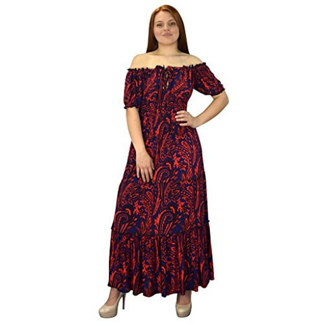 Peach Couture Gypsy Boho Floral Printed Smocked Waist Tiered Renaissance Maxi Dress Navy Red Medium
