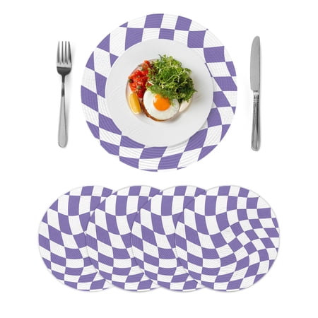 Purple White Checkered Round 13 Inch Placemats Set of 4 Modern Irregular Geometric HeatResistant Non Slip Place Mats for Dining Table Wipeable Braided Kitchen Table Mats for Housewarming