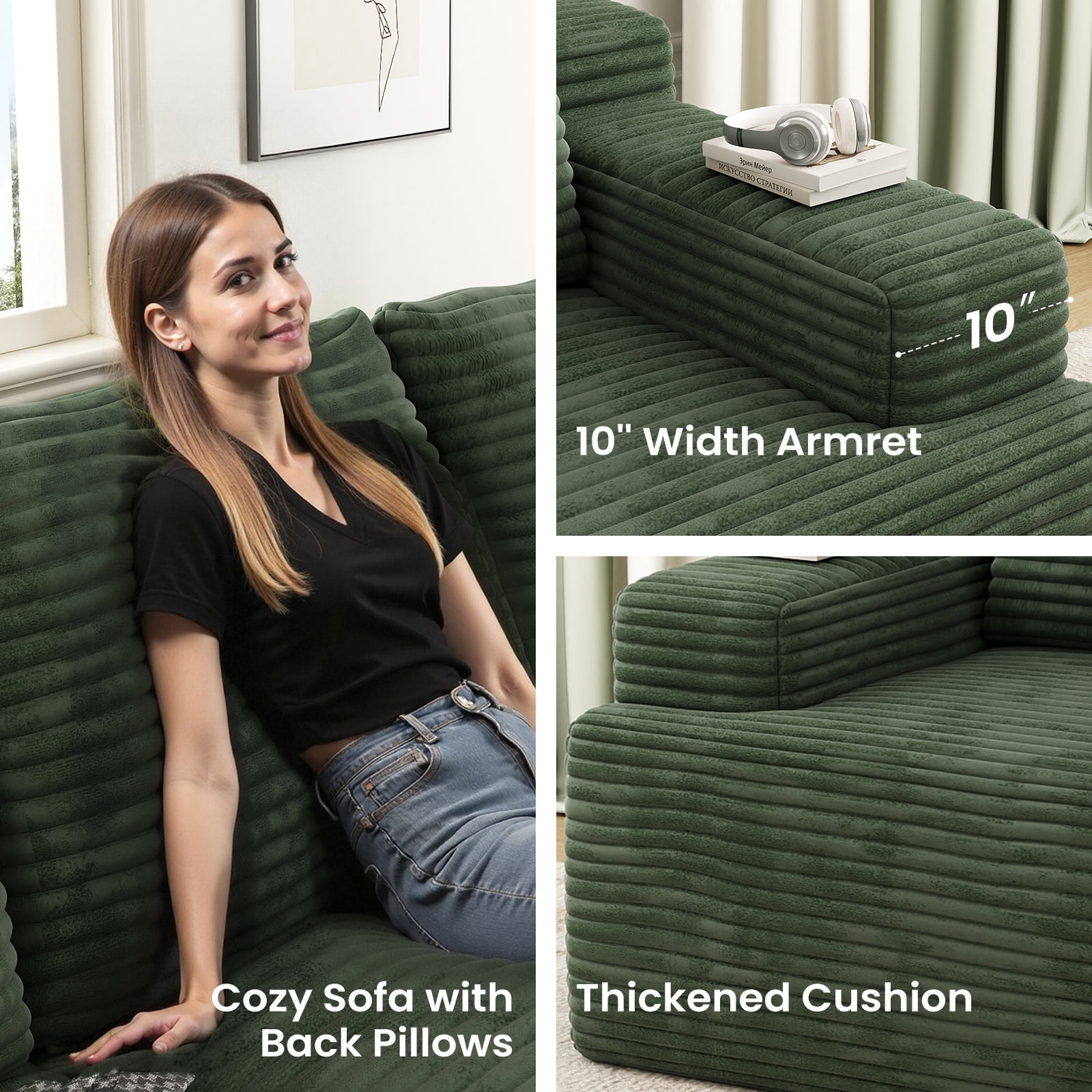 104" Cloud Sectional Couch with L-Shape Chaise, Modern Modular Sofa with Deep Seat, Upholstered Couches with Back Cushion for Living Room Bedroom, No Assembly Required, Green (Corduroy Fabric)