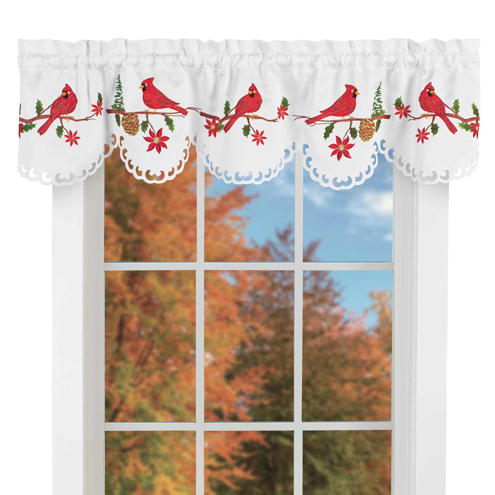 Cardinals Holly Evergreen Valances or Curtains 