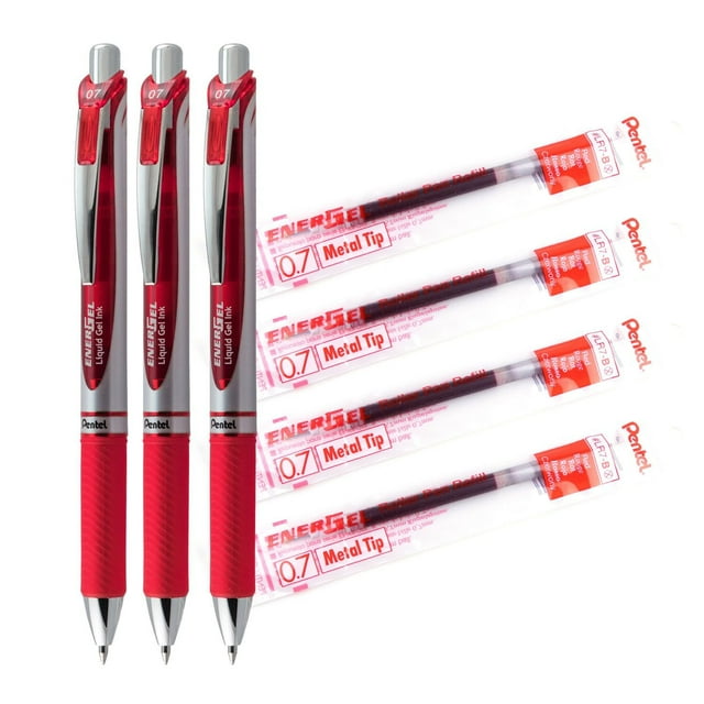 EnerGel Retractable Gel Roller, 0.7mm, 3 Pen and 4 Refill pack, Red Ink