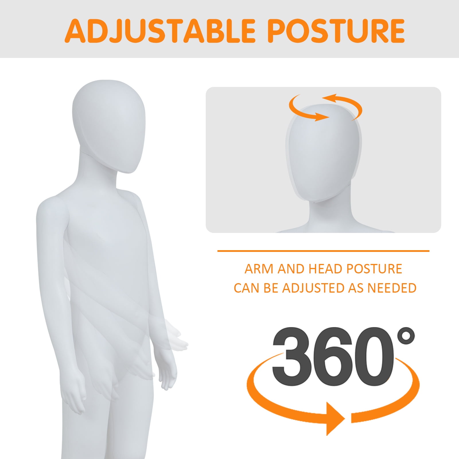 Kinbor Kid Mannequin Full Body, 43.3Inch Child Mannequin with Adjustable Metal Base for Window Display, White