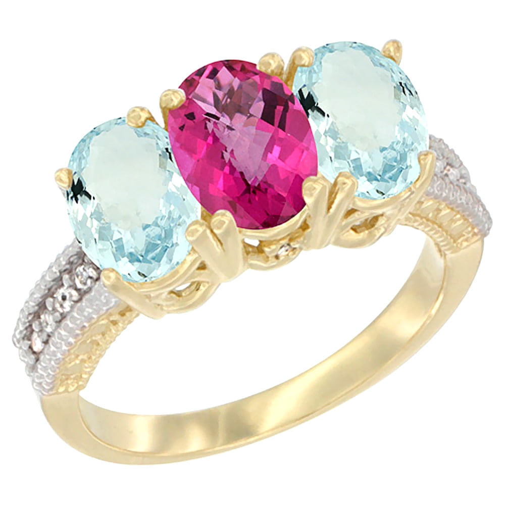 14K Yellow Gold Natural Pink Topaz & Aquamarine Sides Ring 3-Stone Oval 7x5 mm Diamond Accent, sizes 5 10 by WorldJewels