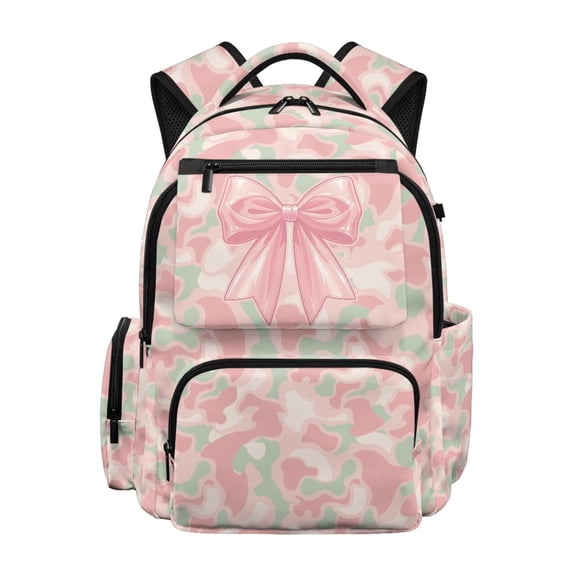 HUIACONG Pastel Pink Camo Bow School Backpack for Boys Girls Ages 6-18 Water Resistant Multi Pocket Padded Adjustable Straps Large Capacity Bookbag for Elementary Middle High School Daily Use