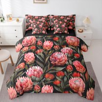 Manfei Pink Flower Print Bedding Comforter Set 7-Piece for Girls, French Style Floral King Bedding Sets, Retro Western Theme Reversible Bed Sheets, Ultra Soft Home Decor